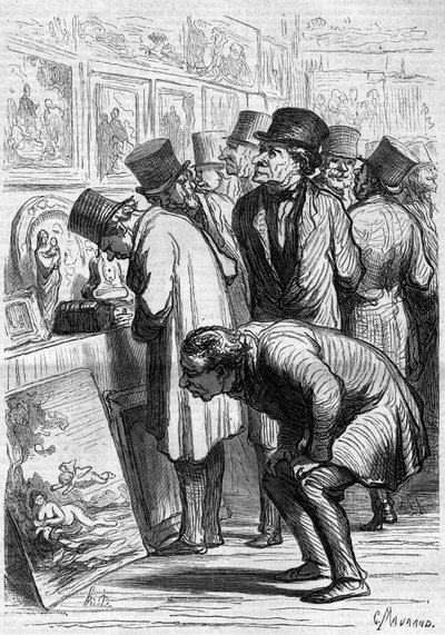 A Room of the Hotel Drouot, a Day of Exhibition. Cartoon by Honore Daumier. Engraving in Le Monde Illustré n°265 of 10 May 1862 by Honoré Daumier