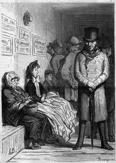 An Omnibus Waiting Desk. Cartoon by Honore Daumier. Engraving in Le Monde Illustré n°257 of 15 March 1862 by Honoré Daumier