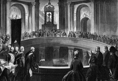 Anniversary of the death of Napoleon I, 5 May 1863: commemorative mass celebrated at the Invalides, in Paris, in the presence of former soldiers of the Napoleonic army. Engraving in 