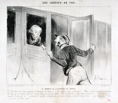 Artwork by Honore Daumier (1808-1879). Charivari dates from 1843: Serie LES RAILWAYS The danger of falling asleep on a journey -Wake up Sir and get off the car! - Where are we driving? - But Rouen parbleu! - In Rouen and I who only wanted to go to Poiss by Honoré Daumier