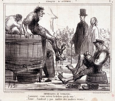 Cartoon about harvesters trampling on barefoot grapes, from the series 
