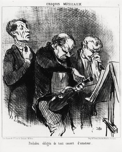 Musical Sketches: Obligatory Preludes of Any Amateur Concert. Three Musicians Strive to Illuminate Their Voices, Tune a Violin and Blow Their Nose with Ostentation. Illustration by Honore Daumier, Published in Charivari, Dated March 3 by Honoré Daumier