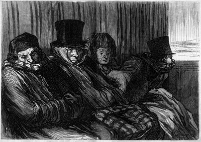 Pleasure Trains: 10 Degrees of Boredom and Bad Mood. Cartoon by Honore Daumier. Engraving in Le Monde Illustré n°249 of January 18 by Honoré Daumier