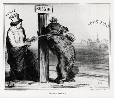 Russia: a bear upset (by Europe). In March 1854 France and England formed an alliance with Turkey against Russia. Illustration by Honore Daumier, published in 