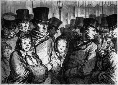 Temple Boulevard at midnight. Left, people coming out of the drama. Right, people leaving the funambules. Engraving in 