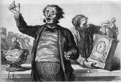 The hotel of auctioneers: the public crier. Cartoon by Honore Daumier (1808-1879). Engraving in "Le Monde Illustré" n°551 of January 2 by Honoré Daumier