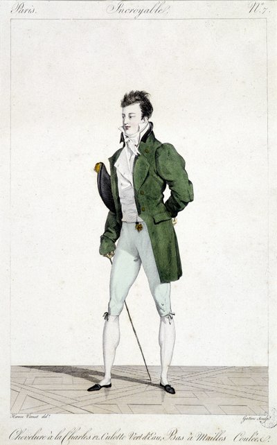 Amazing Paris. Man has the hair of Charles XII, wearing water green panties and flowed mesh stockings. Illustration of men