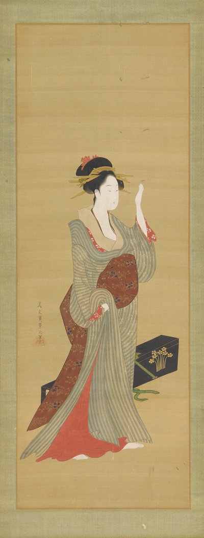 A Geisha About to Adjust a Tortoise-Shell Hairpin, late 18th century by Hosoda Eishi