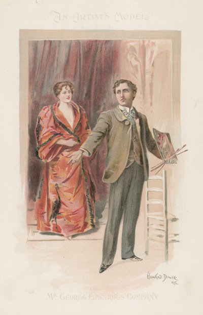 An artist stands with his palette as a woman stands in the background by Howard Davie