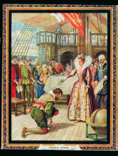 Queen Elizabeth I knights Francis Drake, illustration from 