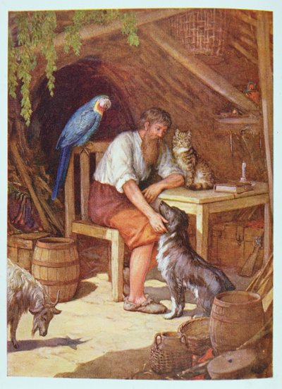 Robinson Crusoe in his Hut, illustration from 