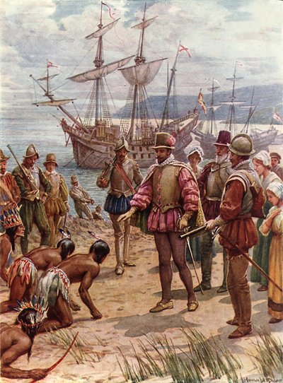 Sir Walter Raleigh landing in Virginia by Howard Davie