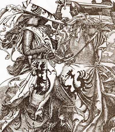 Arthurian Legend: Sir Kay, knight of the round table, breaking his sword at a Tournament Illustration by Howard Pyle (1853-1911) from “The story of King Arthur and his knights” 1903 Private Collection by Howard Pyle