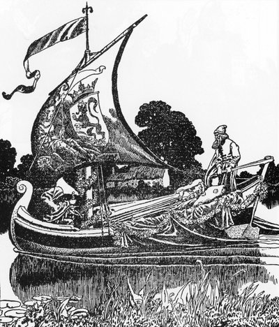 Arthurian Legend: The barge of the dead brings King Arthur