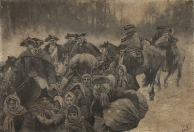 Five Red Coated Soldiers on Horseback, with Another Cloaked to the Eyes...Clustering About These, a Motley Score of Poor People, Young and Old by Howard Pyle