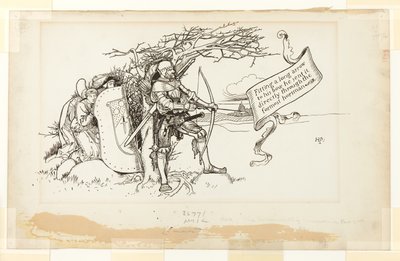 Illustration for The Accommodating Circumstance, II; Fitting a long arrow to his bow, he sent it directly through the foremost horseman by Howard Pyle