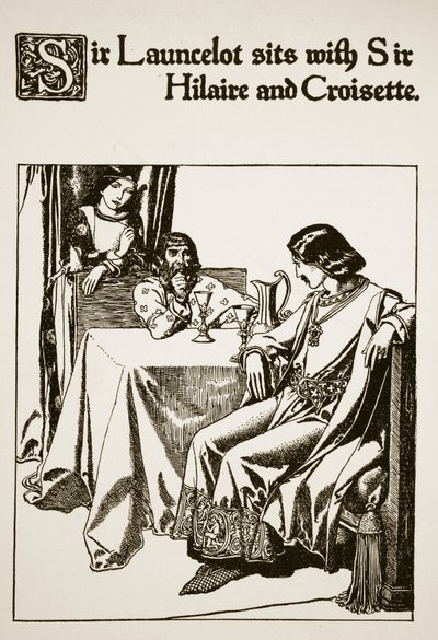Sir Launcelot sits with Sir Hilaire and Croisette, illustration from 