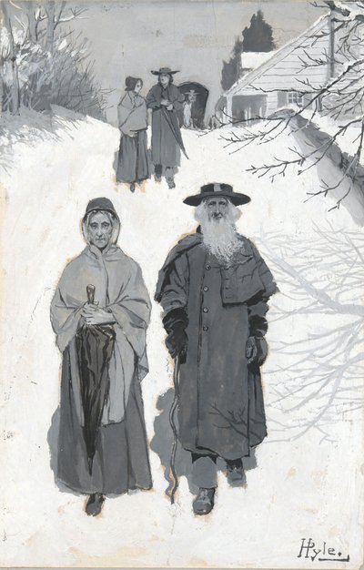 The Dunkers - Going to Meeting, drawing of an illustration published in Harper by Howard Pyle