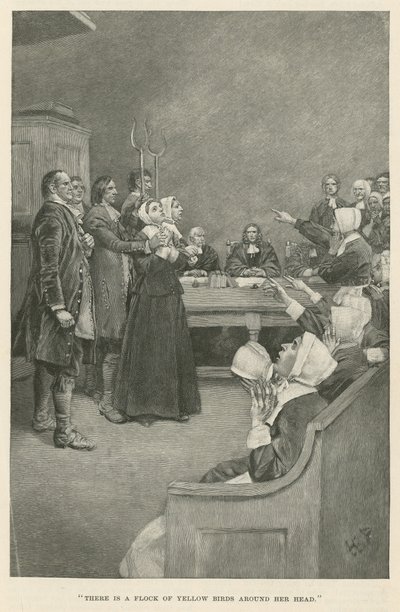 There is a flock of yellow birds around her head by Howard Pyle