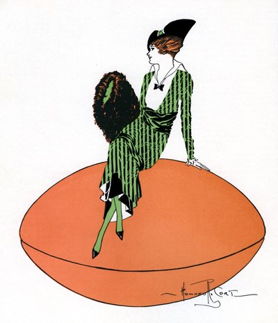Vintage Illustration of Flapper Sitting on Giant Football by Howard R. Cort