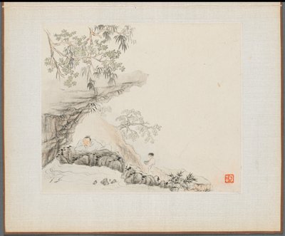 Album of Landscape Paintings Illustrating Old Poems: A Man Lies under a Rocky Overhang; a Boy Stands to his Right by Hua Yan