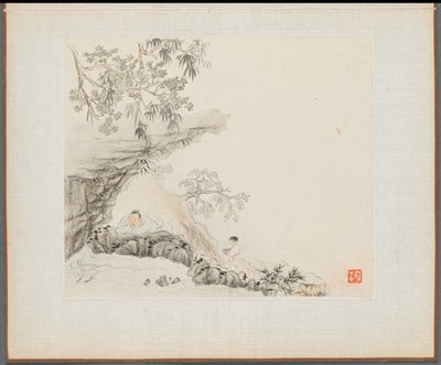 Album of Landscape Paintings Illustrating Old Poems: A Man Lies under a Rocky Overhang, 1700s by Hua Yan