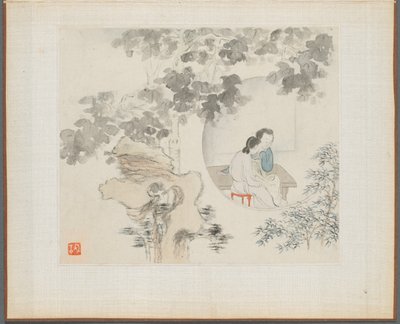 Album of Landscape Paintings Illustrating Old Poems: Two Women Sit at a Table by Hua Yan