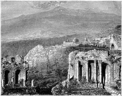 Mount Etna and a view of Taormina, Sicily, Italy, 19th century by Hubert Clerget