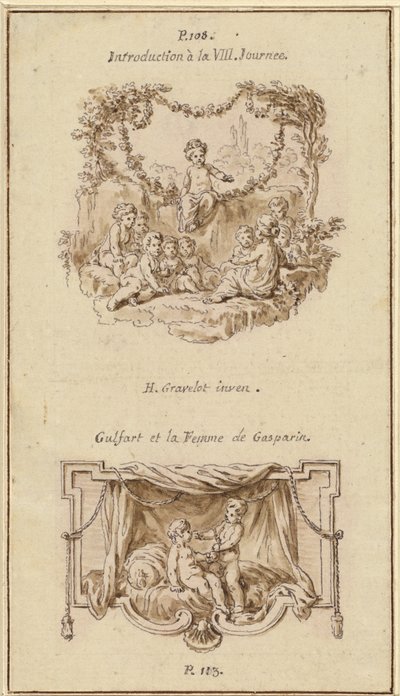 Nine Children Listening to a Girl Tell a Story; A Boy Handing a Purse to a Girl Seated on a Bed by Hubert Francois Gravelot