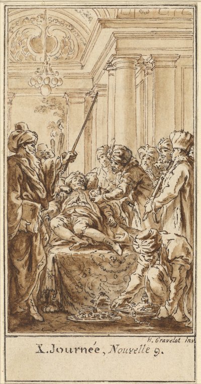 Tenth Day, Ninth Story: Saladin Bestows Rich Gifts on the Sleeping Torello by Hubert Francois Gravelot