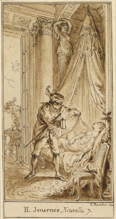 Second Day, Seventh Story: The Duke of Athens Contemplating the Sleeping Princess Alatiel by Hubert François Gravelot after François Boucher