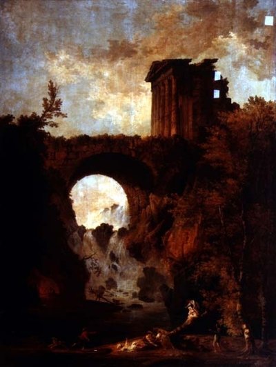 A Capriccio of a Ruined Temple by a Bridge over a Cascade with a See-saw Party by Hubert Robert