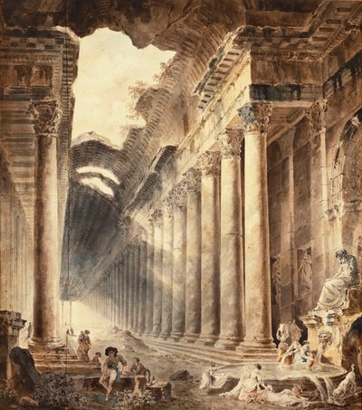 A Colonnaded Thermal Building, the Roof Partly Open to the Sky, with Girls Washing Clothes at a Fountain Below a Statue by Hubert Robert