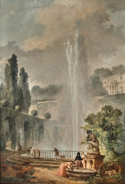 A Garden Landscape with a Villa Overlooking a Large Fountain by Hubert Robert