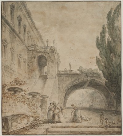 A Palace with an Arched Bridge, A Roman Villa, 1760 by Hubert Robert