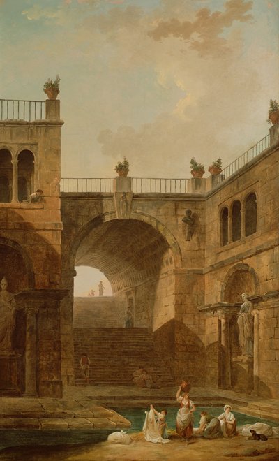 Architectural Scene with Women Washing Clothes at a Pool by Hubert Robert