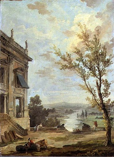 Capriccio Italianate Landscape with the Capitoline Palazzo Nuovo and Gentlefolk on a Terrace, a River Beyond by Hubert Robert