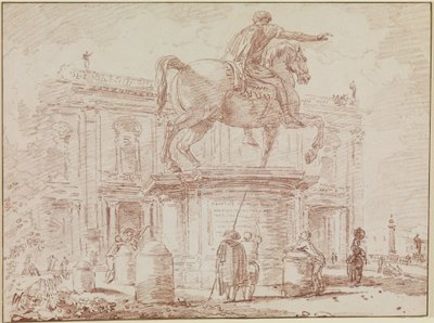 The Equestrian Statue of Marcus Aurelius and the Palazzo dei Conservatori in Rome by Hubert Robert