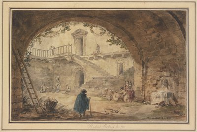 Vault with Ancient Fountain and View of a Staircase by Hubert Robert