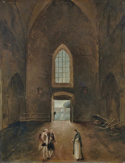 Hubert Robert and an amateur visit a grave in a church by Hubert Robert