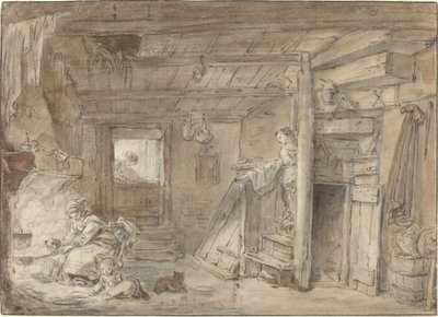 Interior of a Farmhouse with Figures by Hubert Robert
