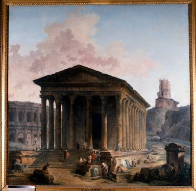 La maison carree, les arenes et la tower Magne a Nimes by Hubert Robert