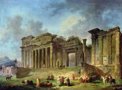 Man sketching the ruins of a classical temple by Hubert Robert