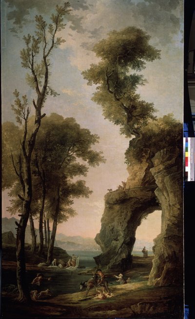 Landscape. Washerwomen washing clothes in the river. A woman falls from a donkey. by Hubert Robert