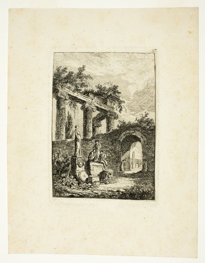The Statue before the Ruins, plate three from Les Soirées de Rome by Hubert Robert