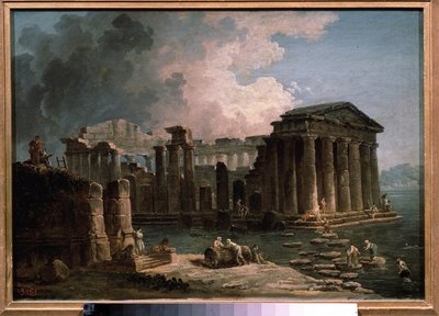 A temple surrounded by water. by Hubert Robert