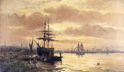 Fisherfolk on the Shore of an Estuary at Sunset by Hubert Thornley