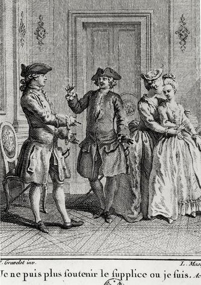 I cannot bear the torments here any more where I am, illustration for Eugenie by Beaumarchais, engraved by Louis Joseph Masquelier by Hubert after Gravelot