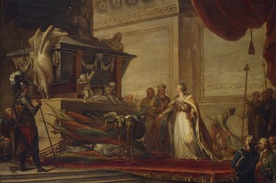 Catherine II laying the trophies of the Battle of Chesma on the tomb of Peter the Great by Hüne