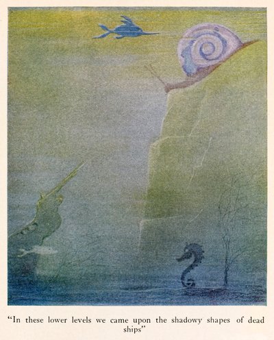 "In these lower levels we came upon the shadowy shapes of dead ships" illustration from The Voyages of Doctor Dolittle by Hugh Lofting